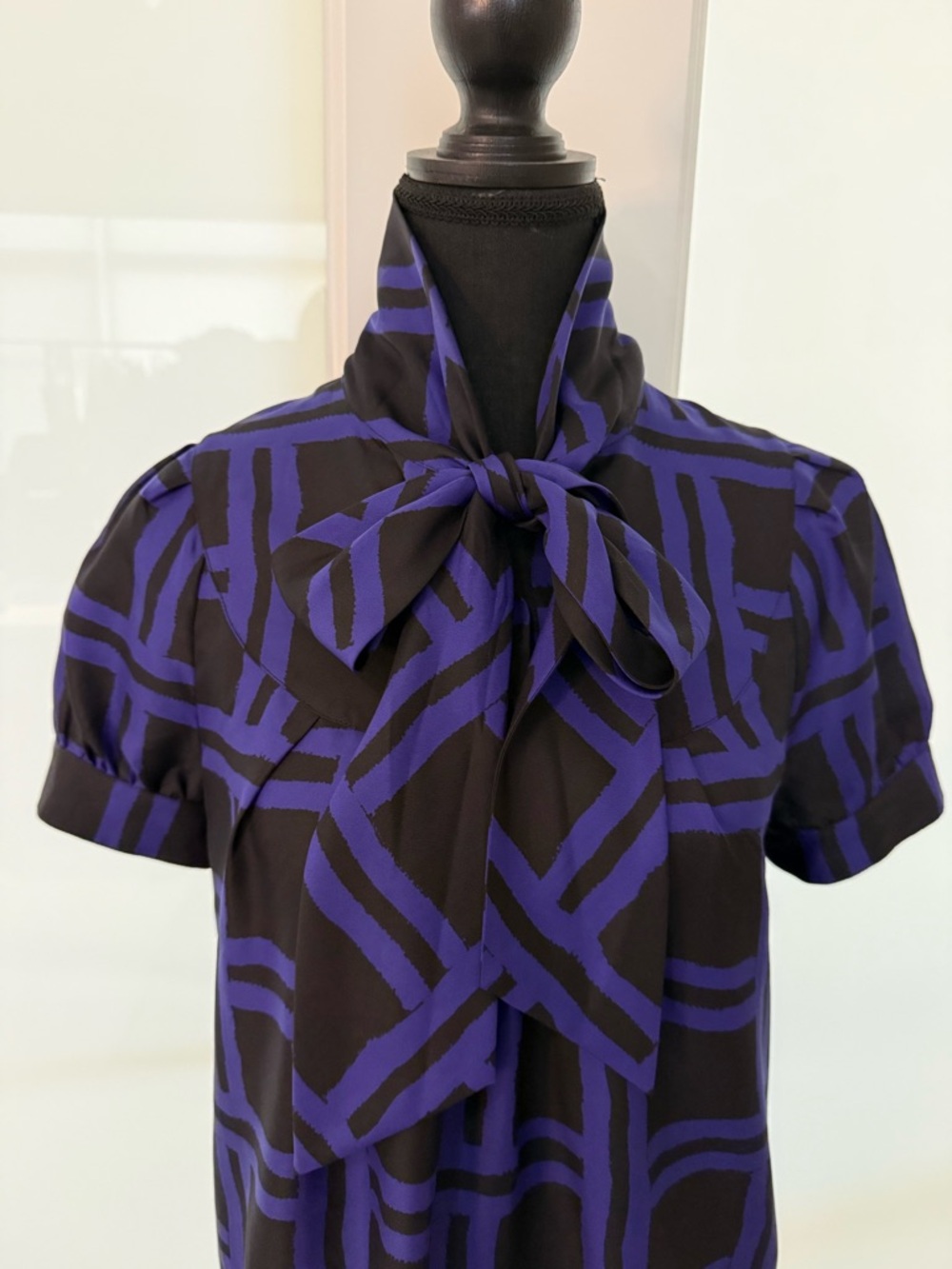 Banana Republic Purple & Black Bow Tie Neck Blouse